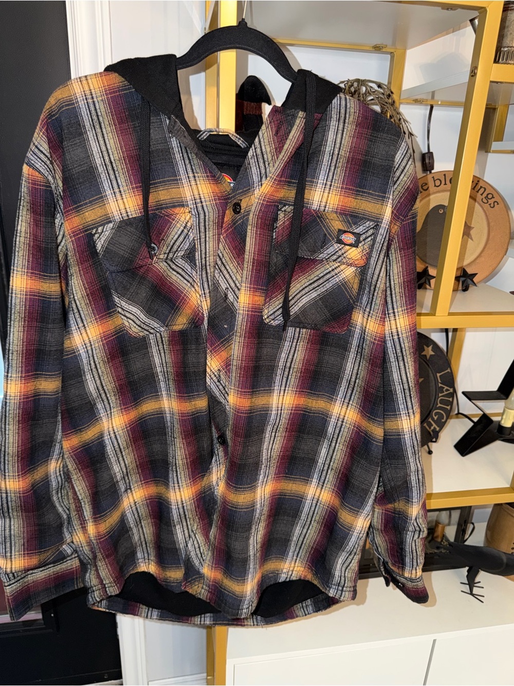 Dickies Black Plaid Hooded Flannel Shirt with Maroon and Yellow Accents